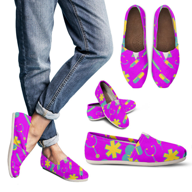 Women's Fuchsia Canvas Nurse Flats 2 With Yellow-Teal Medical Motif