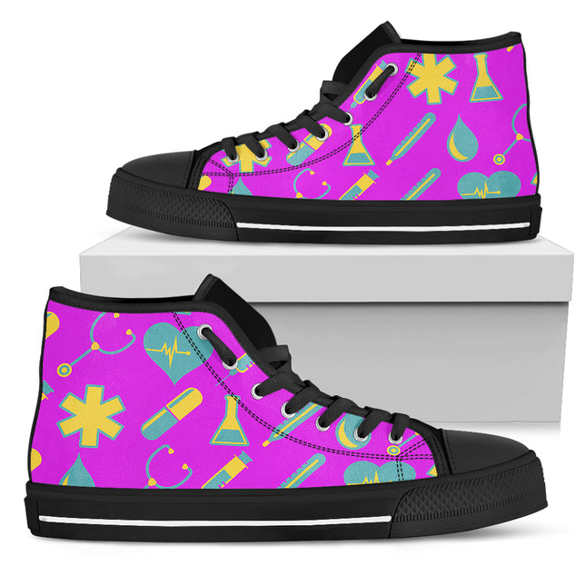 Women's Fuchsia Mesh Hi-Tops 2 With Yellow-Teal Medical Motif