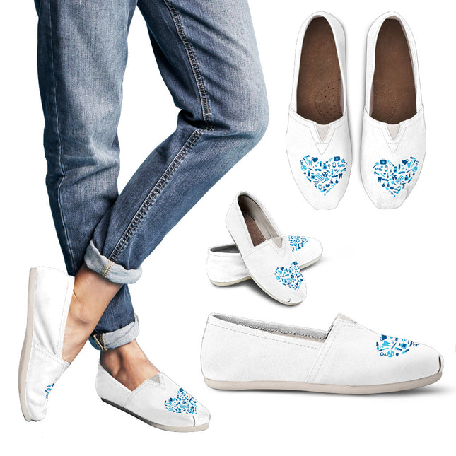 White Canvas Nurse Flats With Light Blue Heart