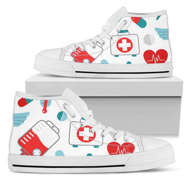 White Mesh Nurse Hi Top 10 With Teal/Red Medical Symbols
