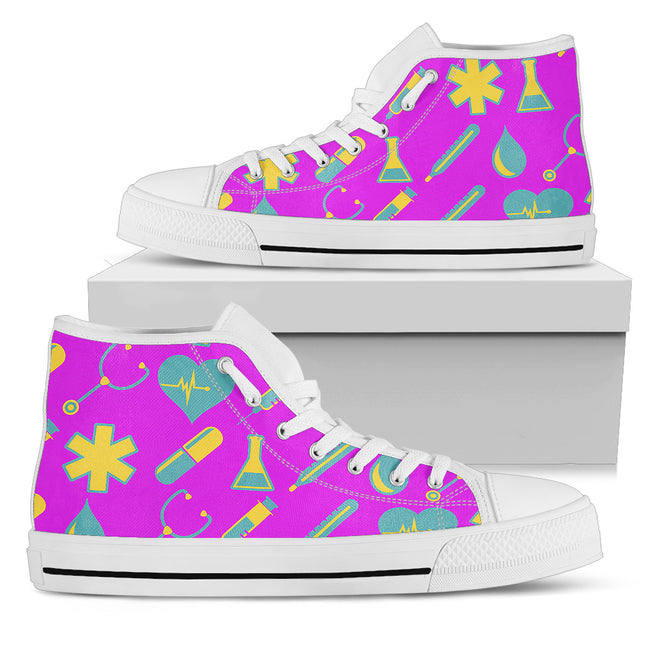 Women's Fuchsia Mesh Hi-Tops 2 With Yellow-Teal Medical Motif