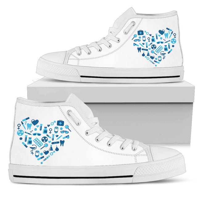 White Canvas Nurse Hi Top With Light Blue Heart