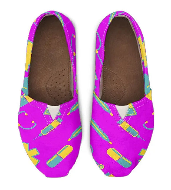 Women's Fuchsia Canvas Nurse Flats 2 With Yellow-Teal Medical Motif