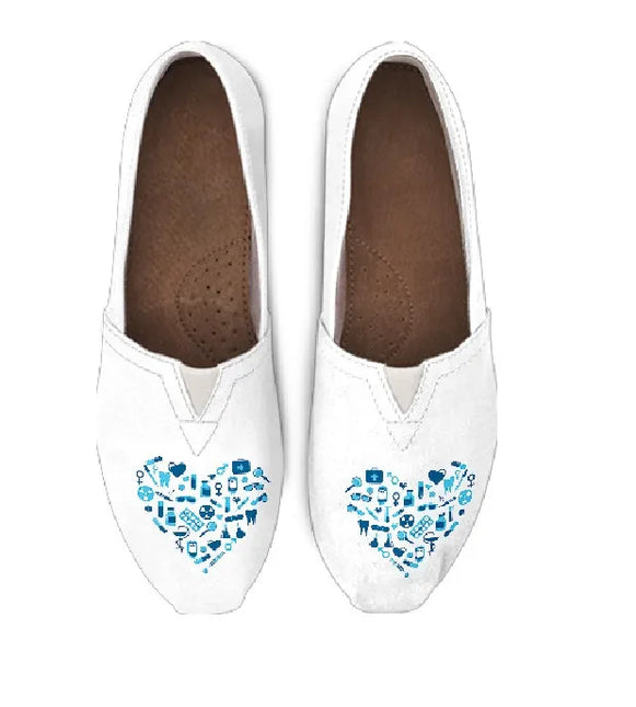 White Canvas Nurse Flats With Light Blue Heart
