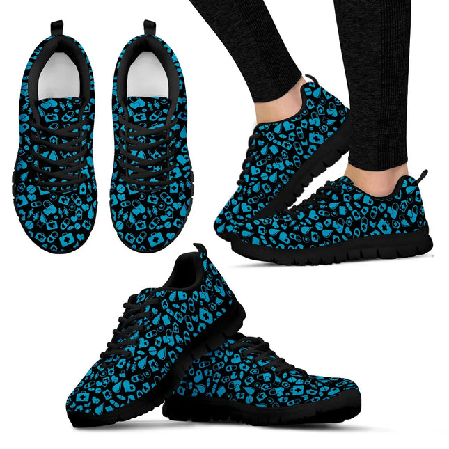 Women's Black Mesh Nurse Sneakers With Medical Graphics